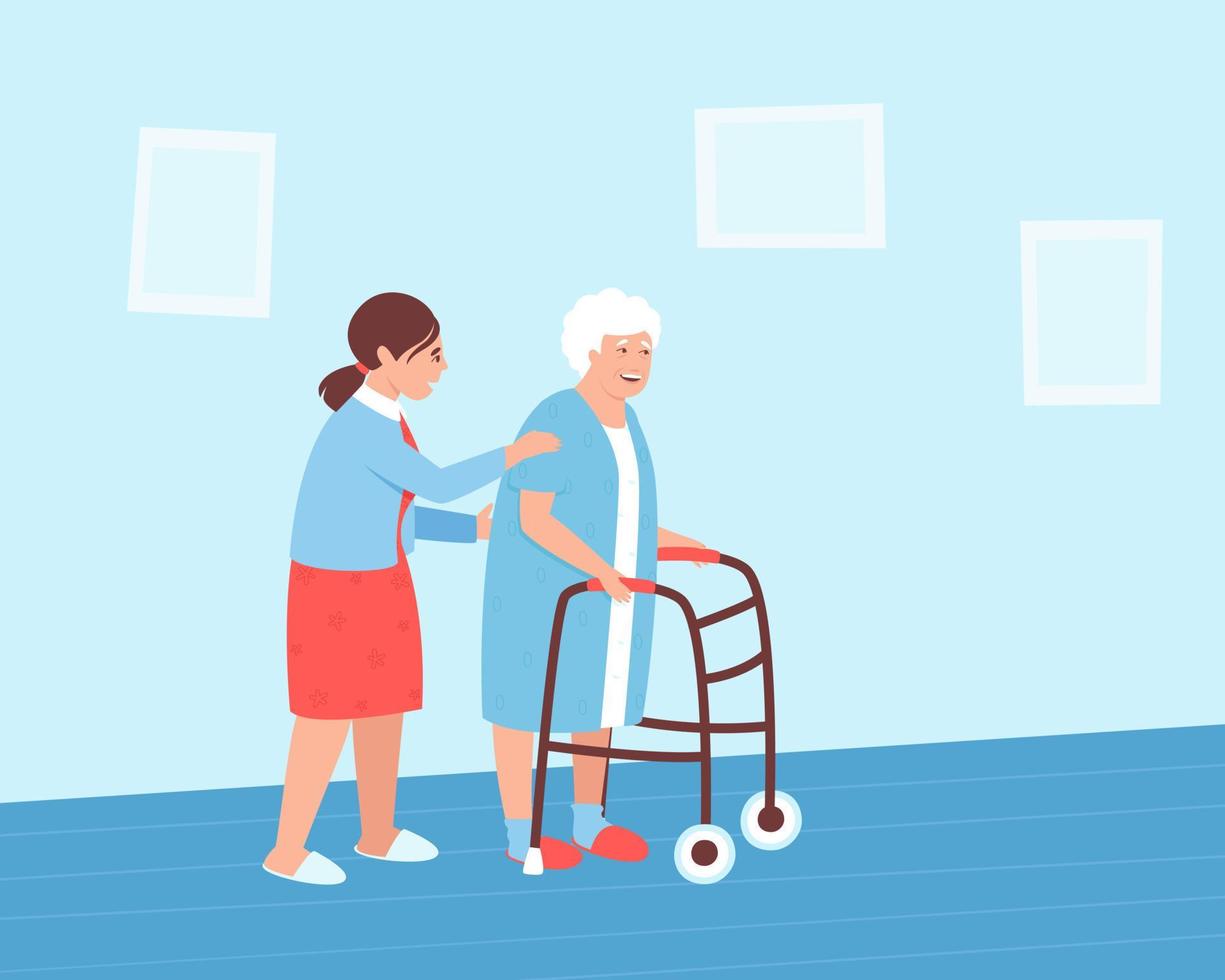 An elderly woman uses a rollator walker under the supervision of a nurse vector