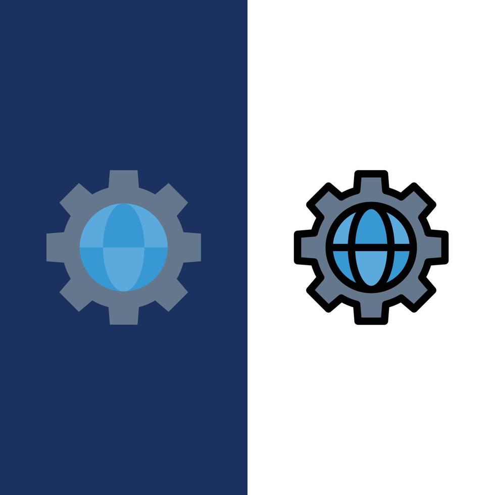 Gear Setting Globe  Icons Flat and Line Filled Icon Set Vector Blue Background