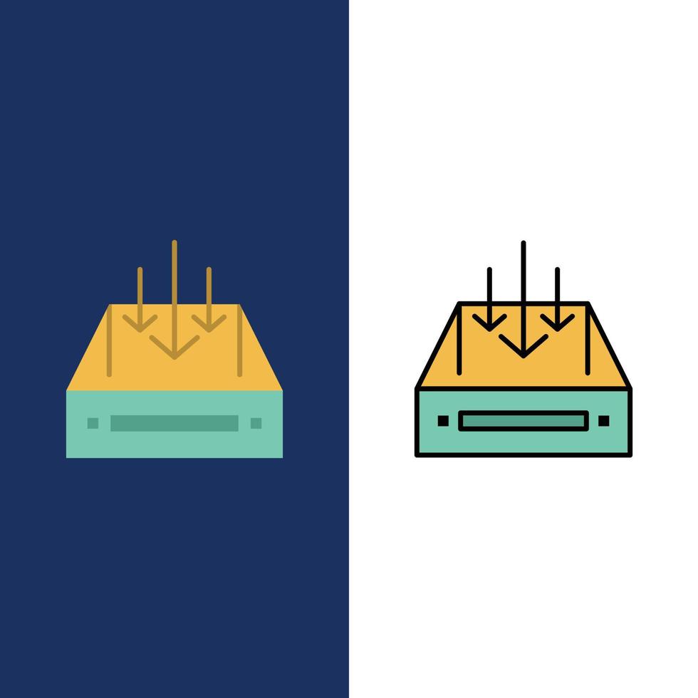 bandeja de entrada caja de correo contenedor entrega paquete iconos plano y línea llena conjunto de iconos vector fondo azul