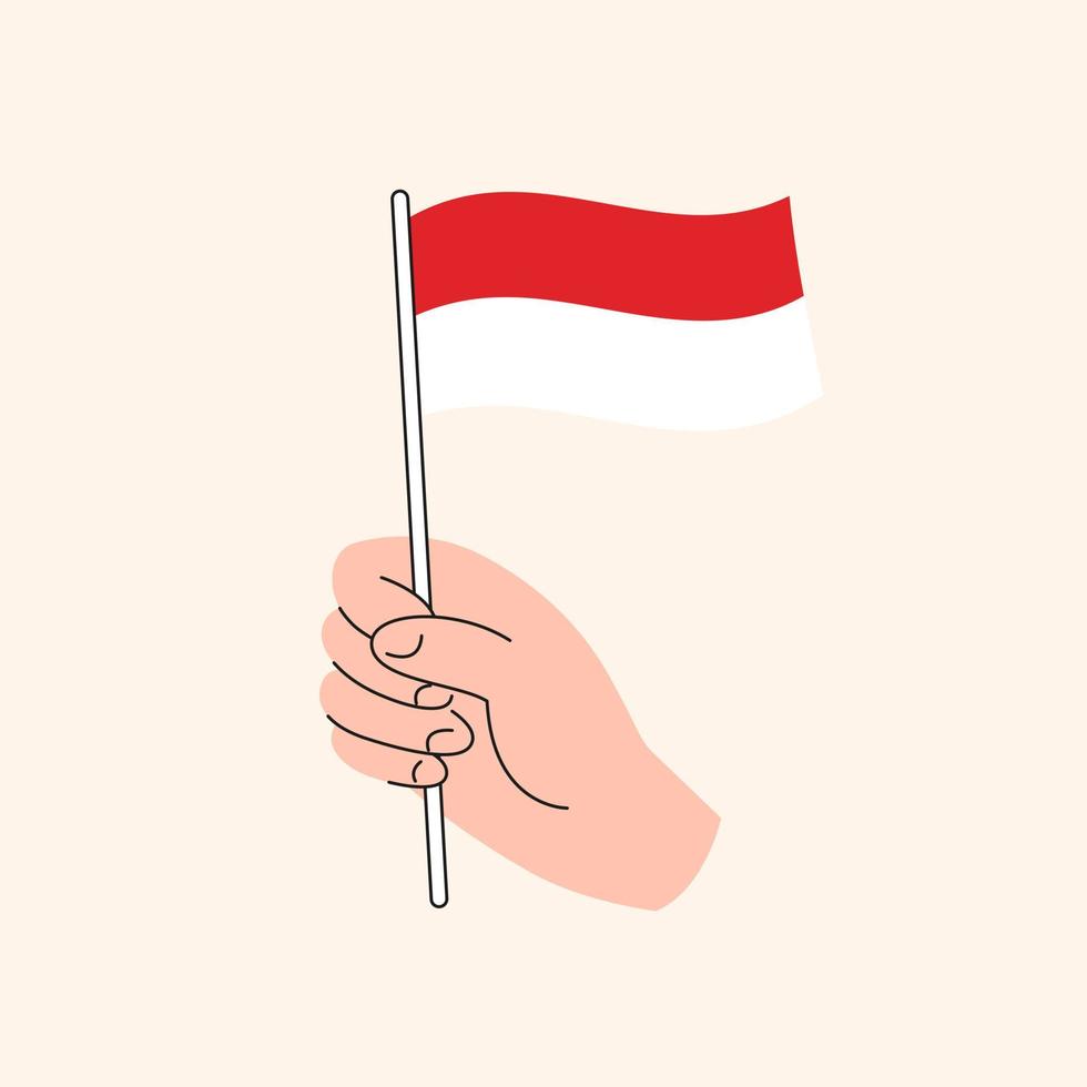 caricatura, mano, tenencia, bandera indonesia. bandera de indonesia, ilustración conceptual, vector aislado de diseño plano.