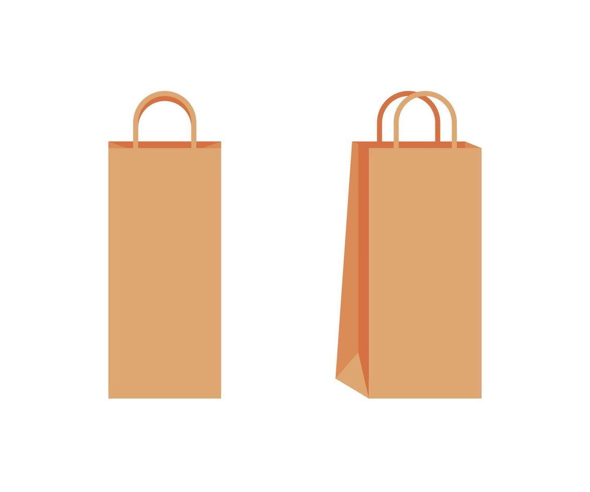 Paper bag with handle template of shopping. Brown craft paper pack for gift, food, item. Take Away, delivery service in eco bag. Mockups front and half turn. Vector illustration