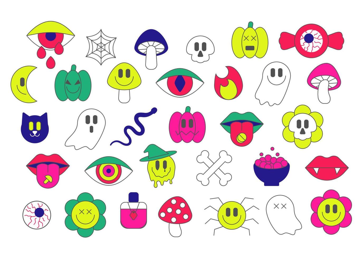 Psychedelic halloween surreal emoji set in retro style. Anthropomorphic face with smile. Illusion, creative crazy sign, power flower. Hippie design elements. Vector illustration