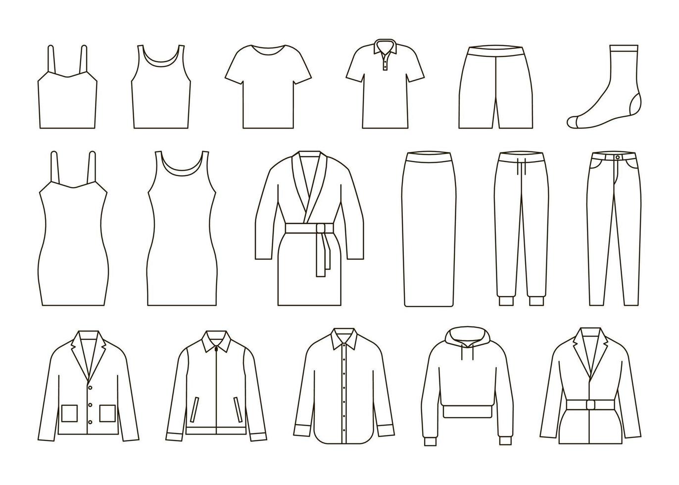 Cloth line icon set. Underwear and outerwear. Shirt, sock, jeans, coat, jacket, pants, dress. Short and long sleeve. Outline template, mockup in front view. Vector illustration