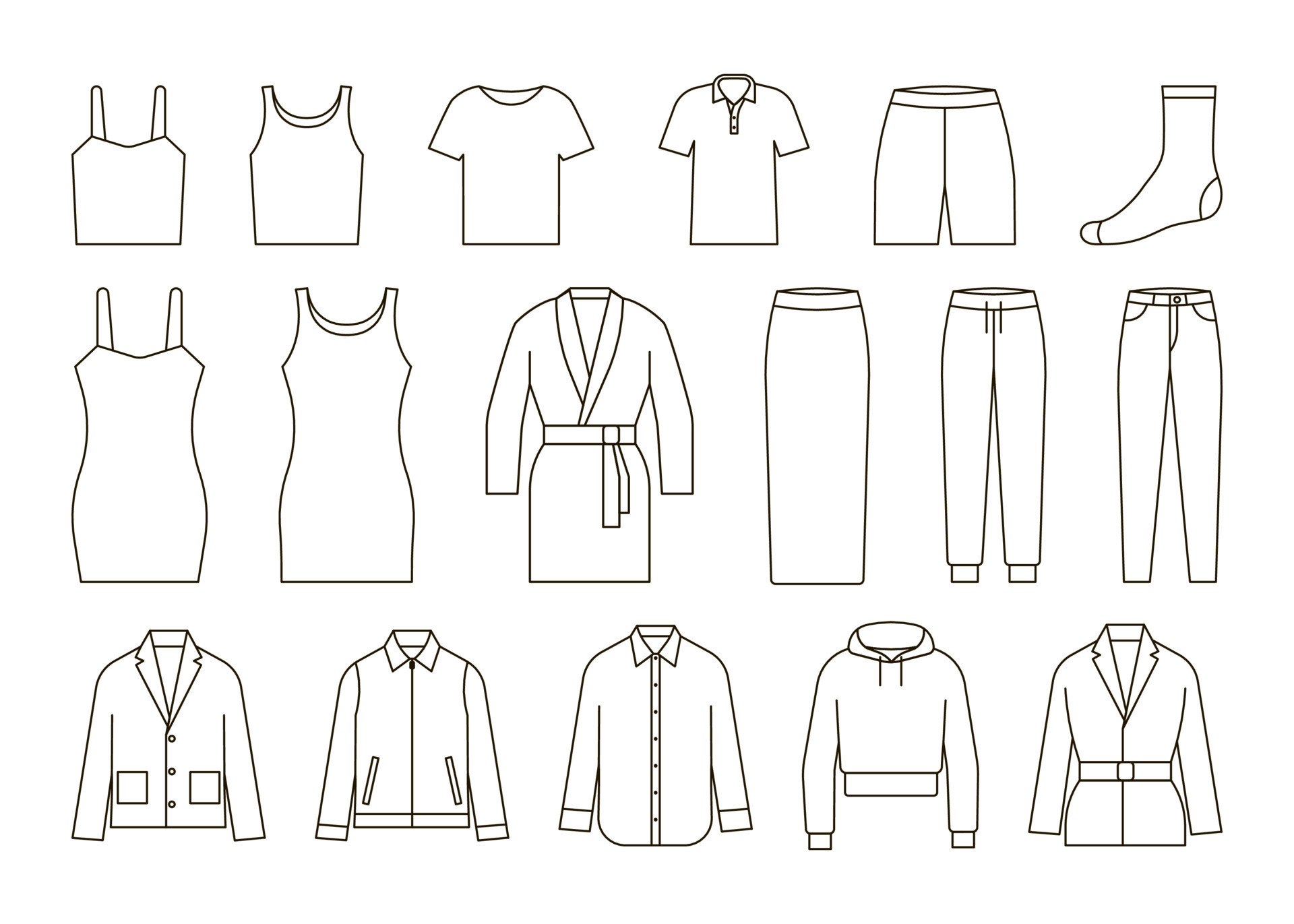 Cloth line icon set. Underwear and outerwear. Shirt, sock, jeans, coat ...