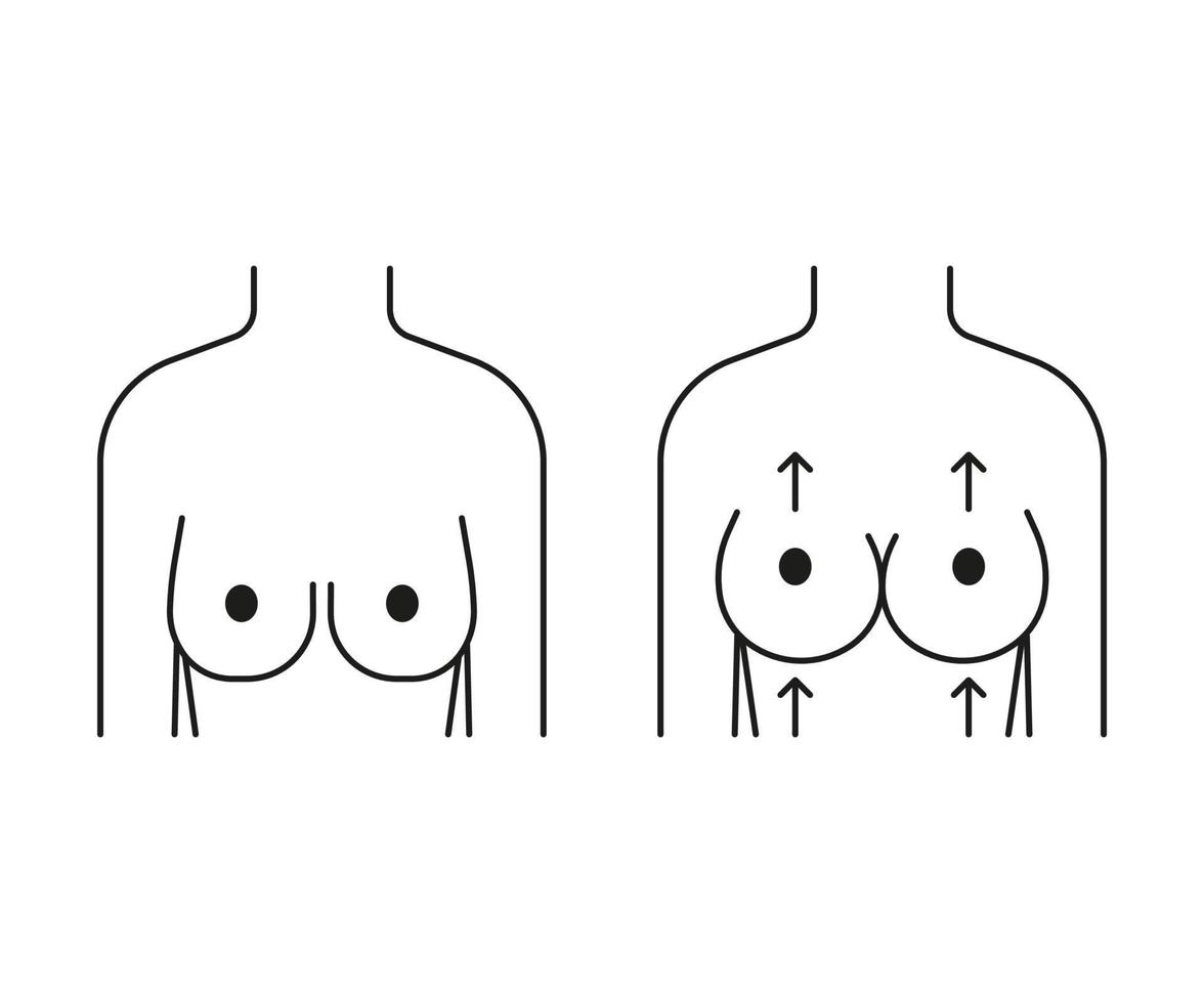 Breast size augmentation of woman, line icon. Full shape and big