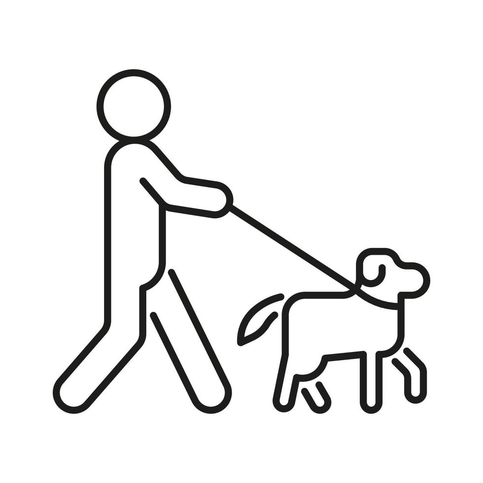 Person walk with dog on leash, line icon. Owner pet. Vector outline sign