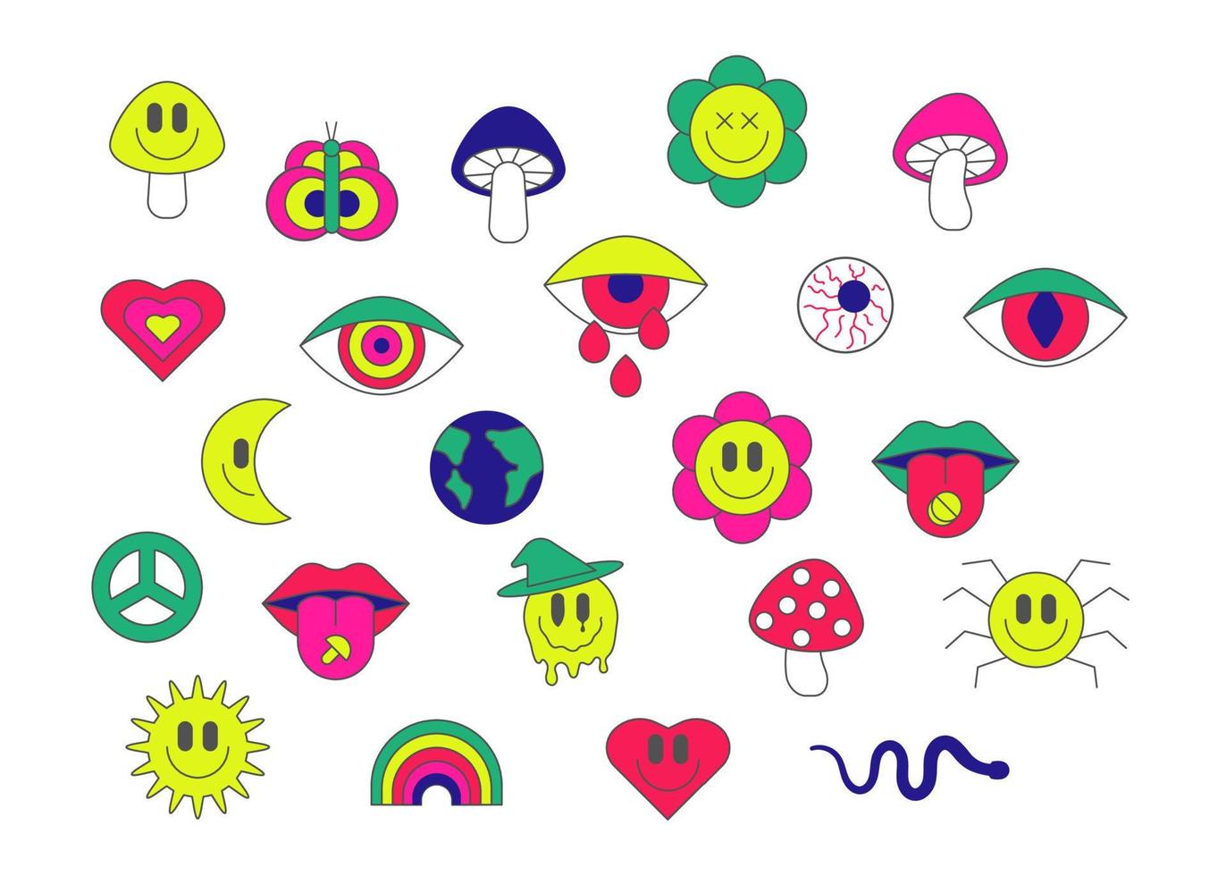 Psychedelic halloween surreal emoji set in retro style. Anthropomorphic face with smile. Illusion, creative crazy sign, power flower. Hippie design elements. Vector illustration