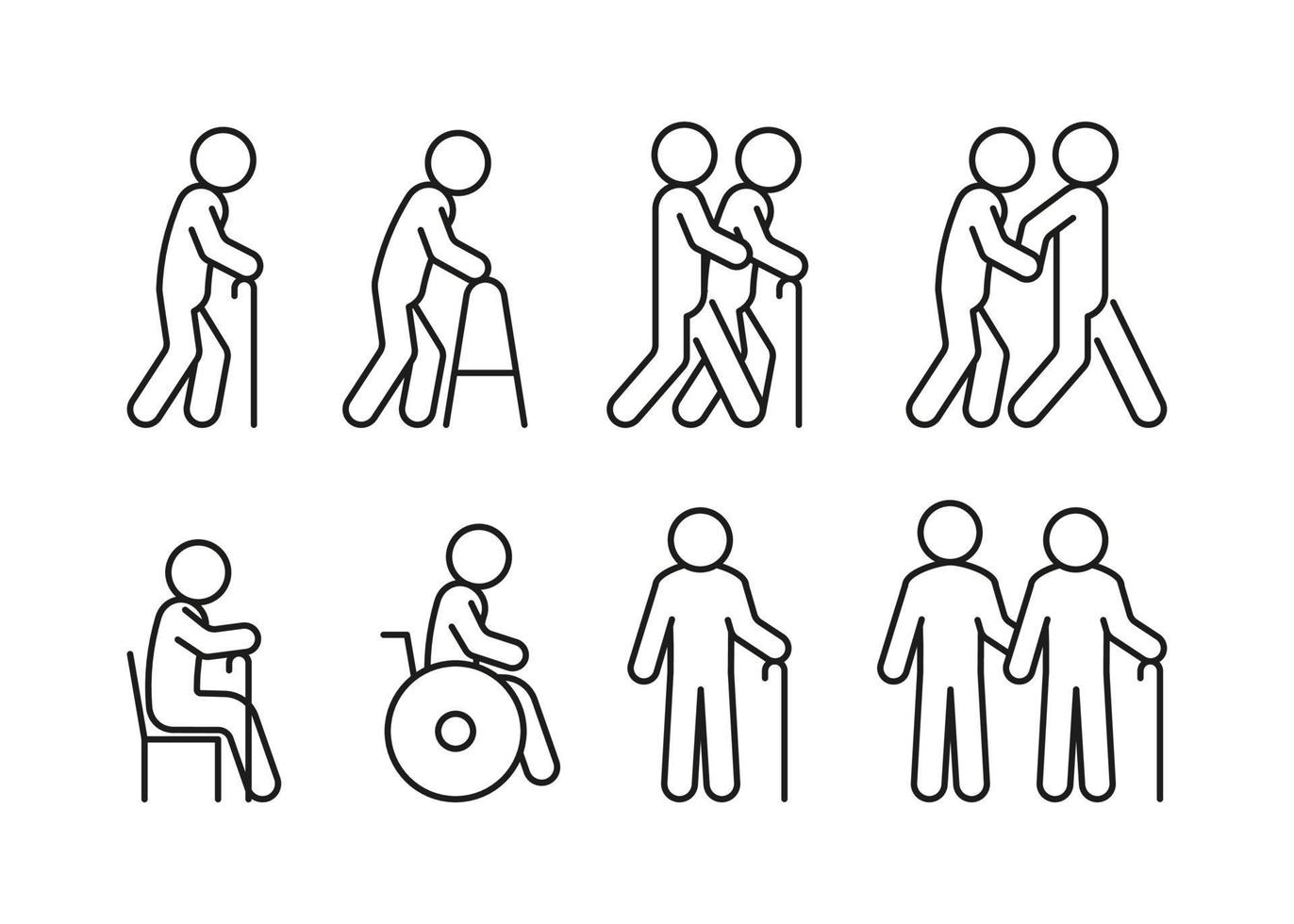 Senior elder people line icon set. Old persons with stick and handicap. Linear symbol. Disabled care, help volunteer. Vector outline sign