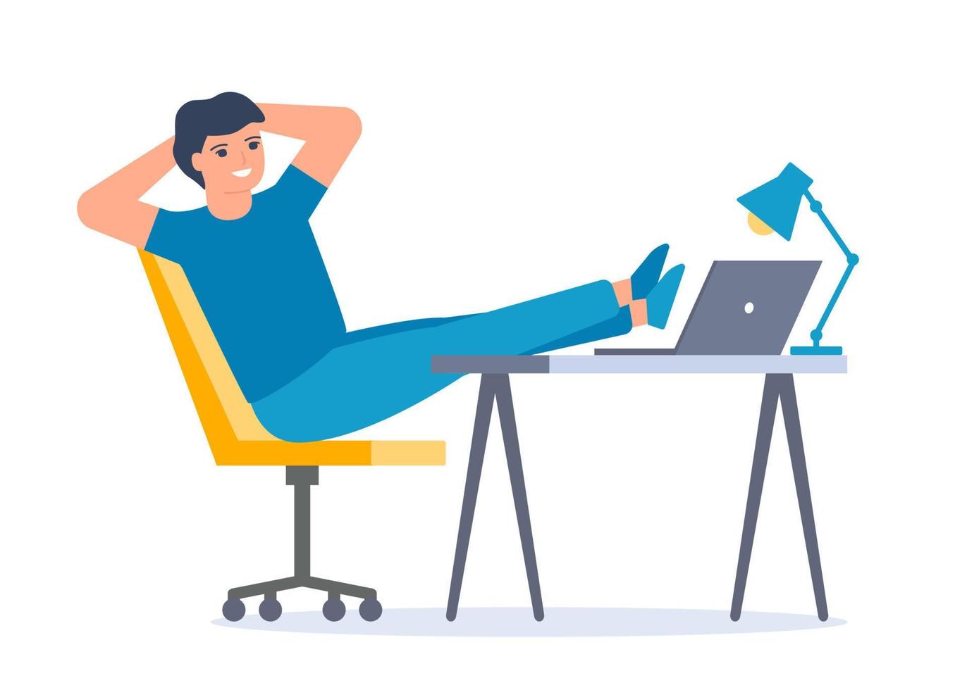 Passive work, man relax on computer. Man rest on workplace. Lazy tired person, break time. Vector illustration