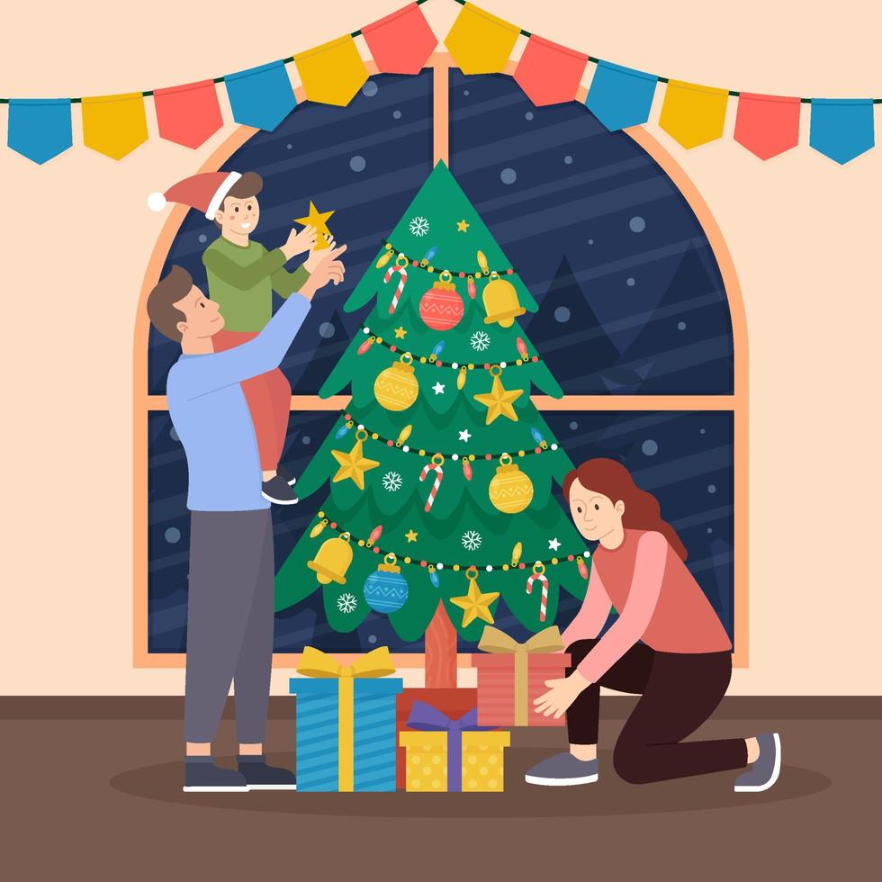 familia decorando el concepto del árbol de navidad vector