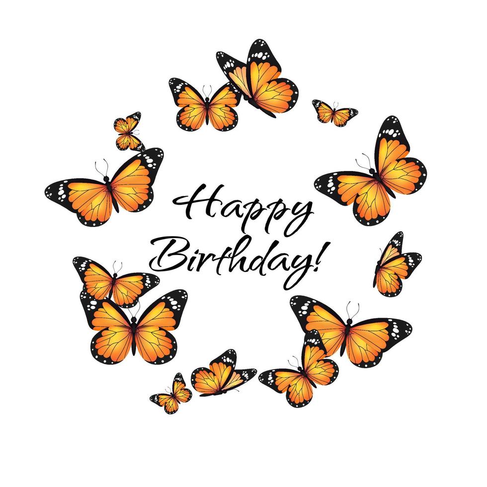 círculo de mariposa monarca volador realista amarillo sobre un fondo blanco. plantilla redonda de banner de feliz cumpleaños. ilustración vectorial diseño de impresión decorativa. alas de hadas de colores. vector