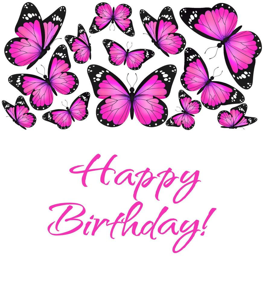 Pink realistic flying monarch butterfly on a white background. Happy Birthday banner template. Vector illustration. Decorative print design. Colorful fairy wings.