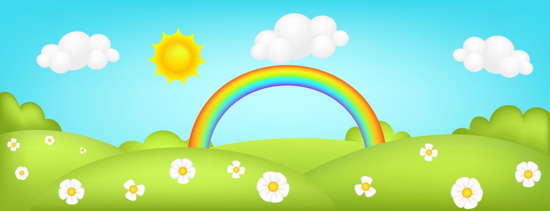 Meadow panorama 3d vector illustration. Fantastic landscape with rainbow on green valley kids background. Colorful cute scenery with flowers, spring grass, blue sky for children's sites or printing.