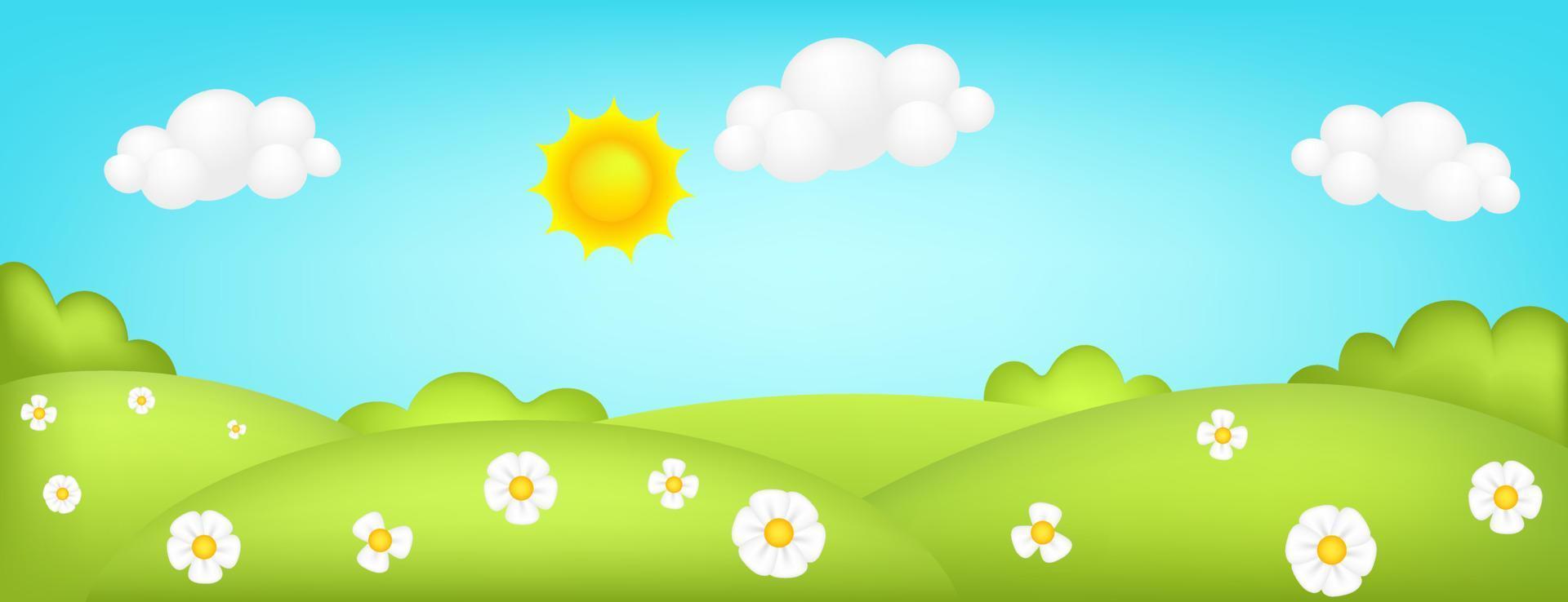 Meadow panorama 3d vector illustration. Bright landscape of green valley kids background. Colorful cute scenery with spring green grass, trees, flowers, blue sky, sun, clouds for children's sites.