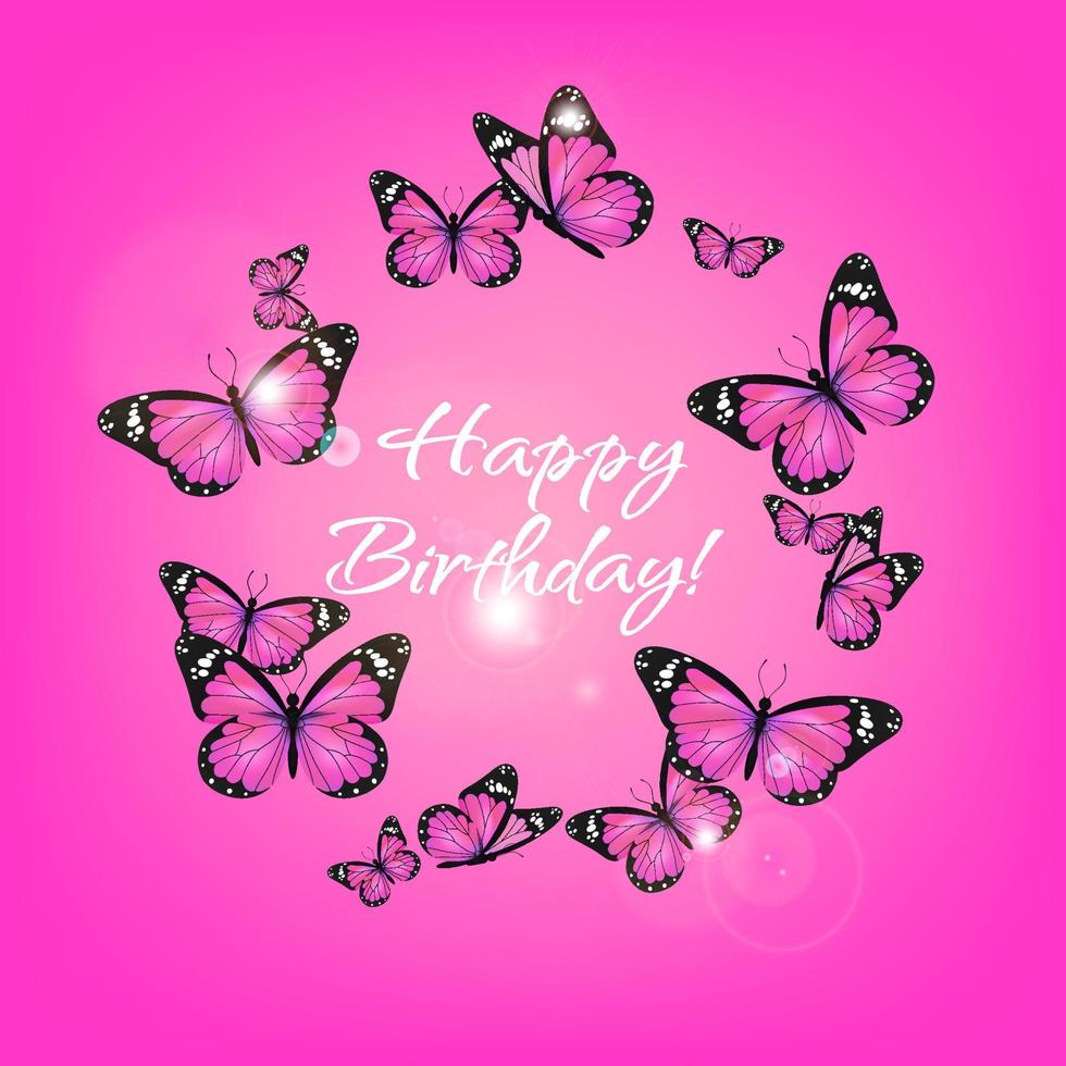 Pink realistic flying sparkle monarch butterfly circle on a magenta background. Happy Birthday banner round template. Vector illustration. Decorative print design. Colorful fairy wings.
