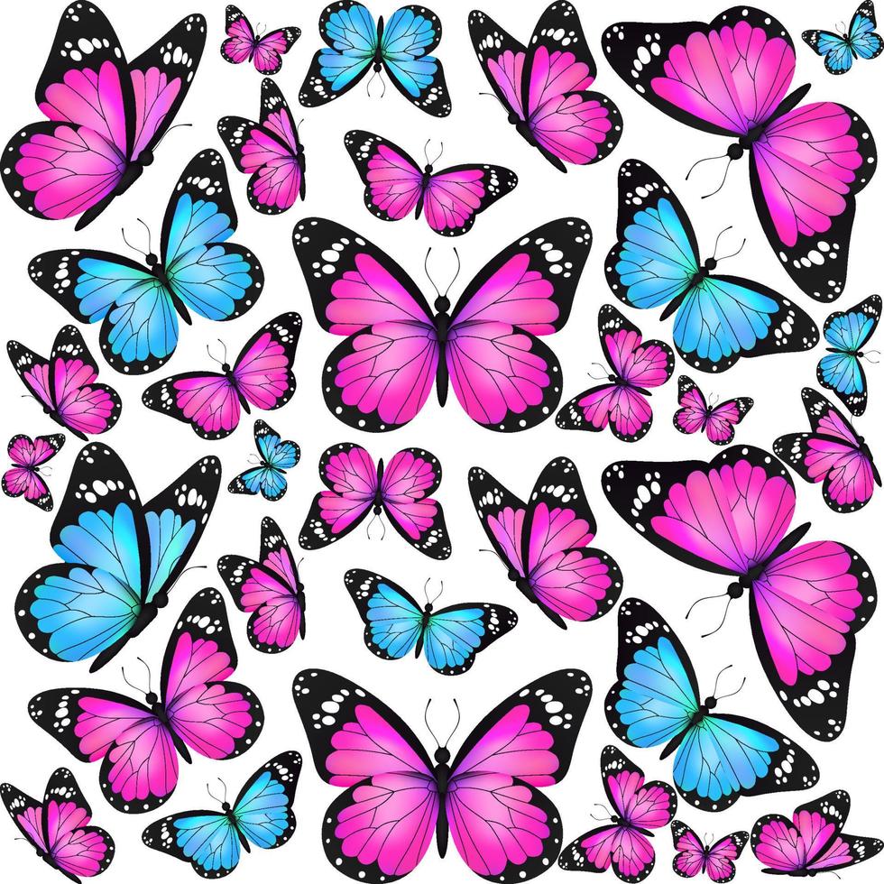 Pink and blue realistic flying monarch butterfly pattern on a white background. Vector illustration backdrop. Decorative texture print design. Colorful fairy wings template.