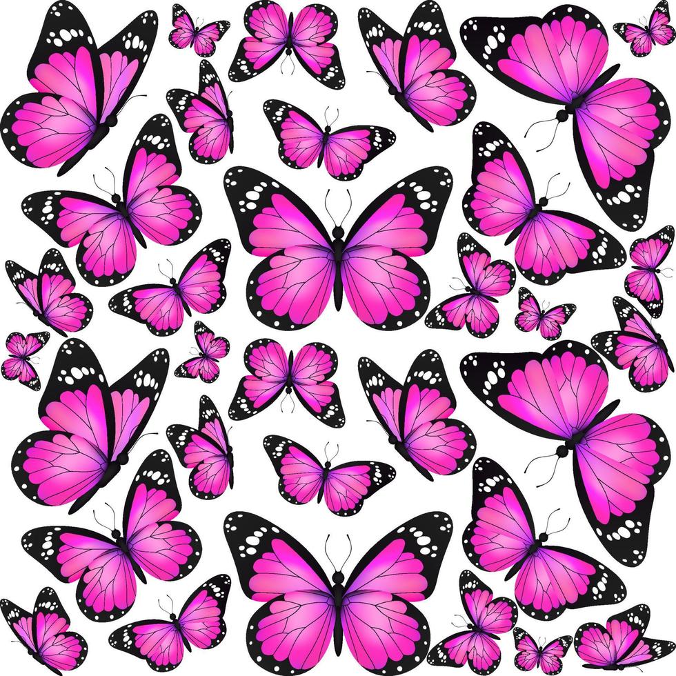 Pink realistic flying monarch butterfly pattern on a white background. Vector illustration backdrop. Decorative texture print design. Colorful fairy wings template.