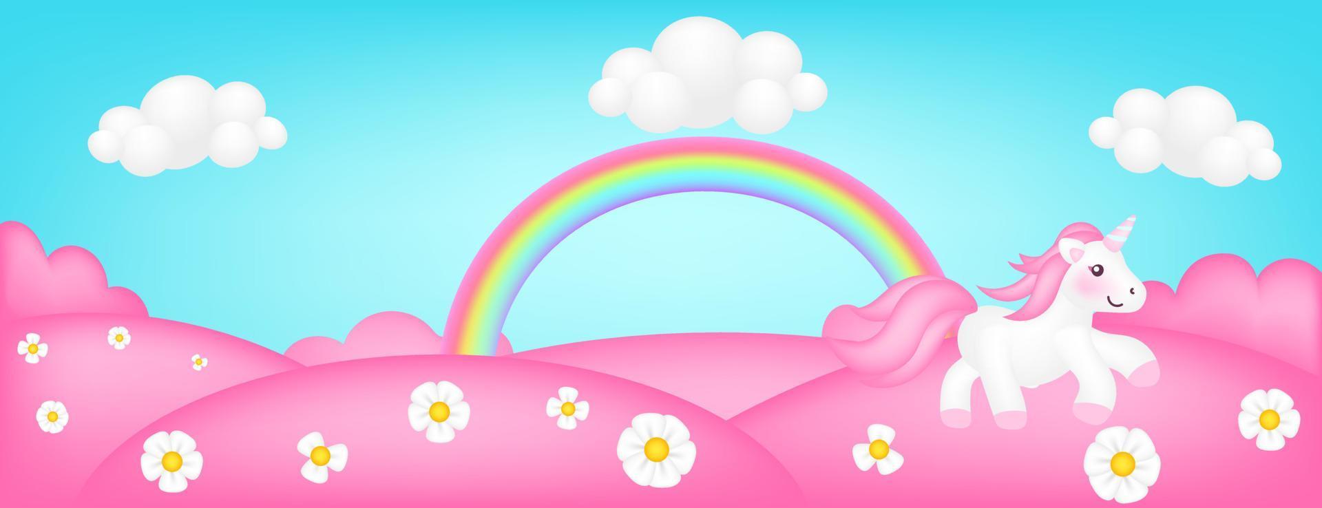 ilustración de vector de panorama de pradera. paisaje brillante de fondo rosa para niños del valle. Escena linda y colorida con árboles de caramelo de fantasía, flores, cielo azul, arco iris, nubes de unicornio para sitios infantiles.