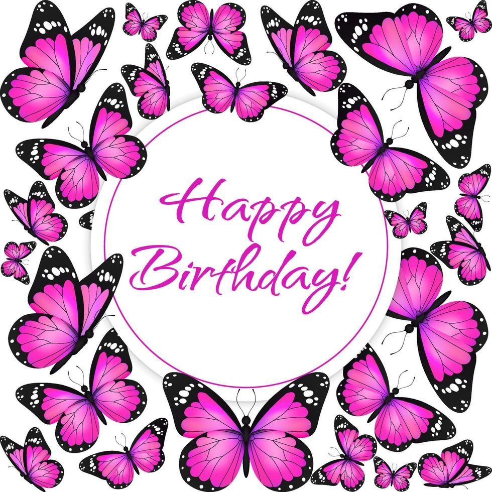 Pink realistic flying monarch butterfly circle on a white background. Happy Birthday banner round template. Vector illustration. Decorative print design. Colorful fairy wings.