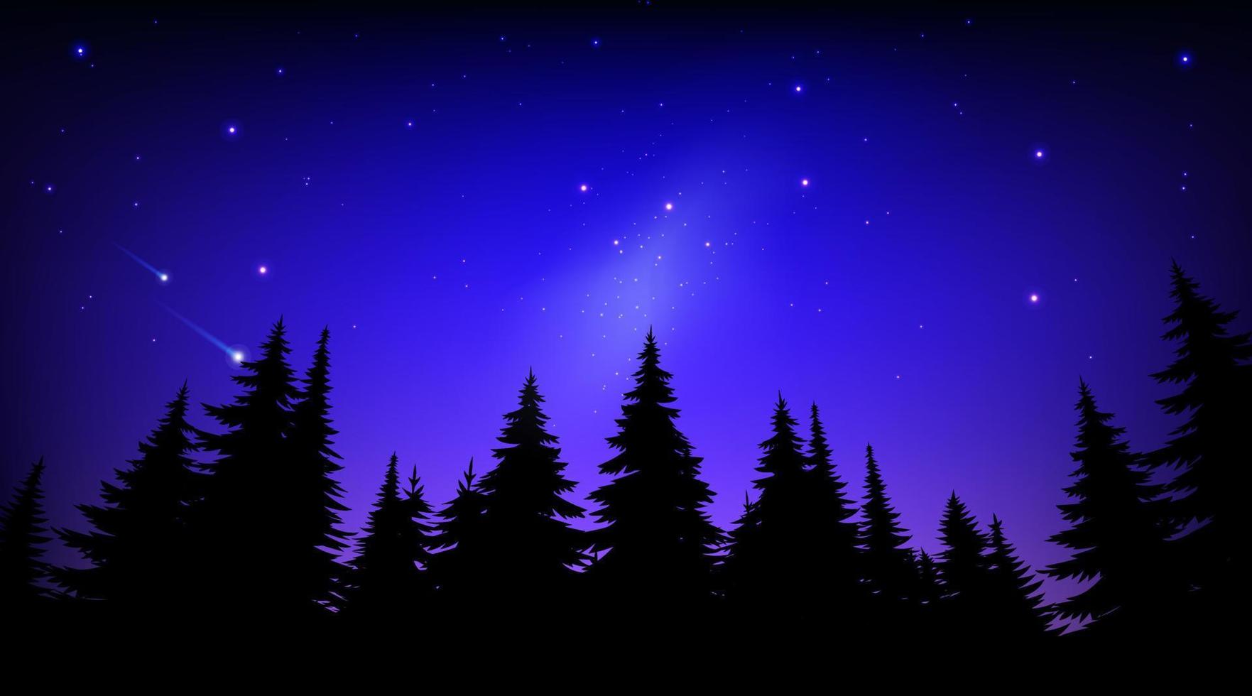 Forest dark silhouette landscape flat colorful illustration night blue sky with stars milky way in the morning. Vector panorama background for tourism, traveling, camping adventure.