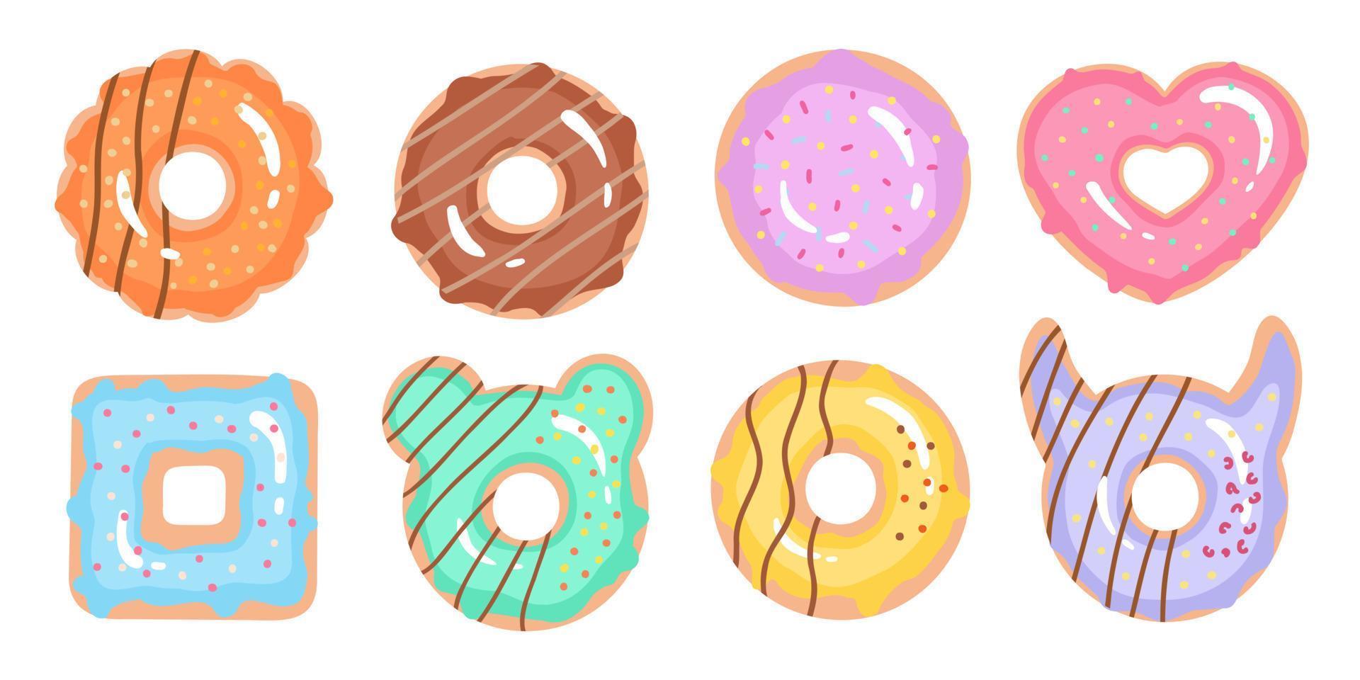 rosquillas dulces y sabrosas, conjunto grande. ilustración para impresión, fondos, cubiertas y embalaje. la imagen se puede utilizar para tarjetas de felicitación, carteles, pegatinas y textiles. aislado sobre fondo blanco. vector