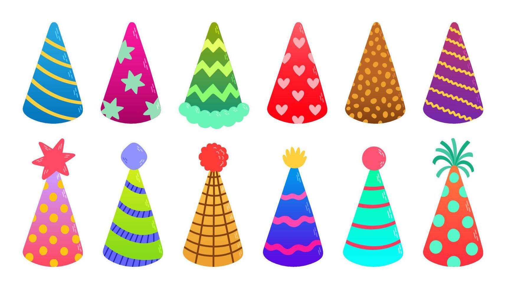 Birthday party hats set, different colors and shapes. Vector illustration