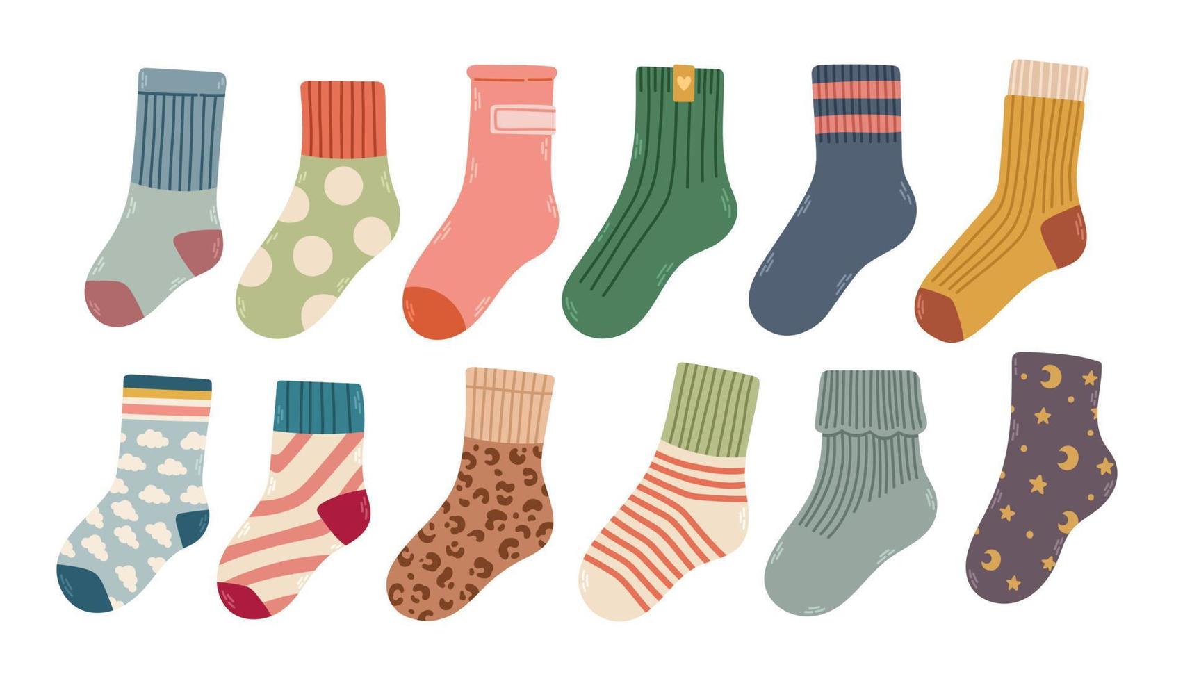 colección de calcetines de algodón y lana de moda con diferentes texturas aisladas en ilustraciones vectoriales de fondo blanco vector