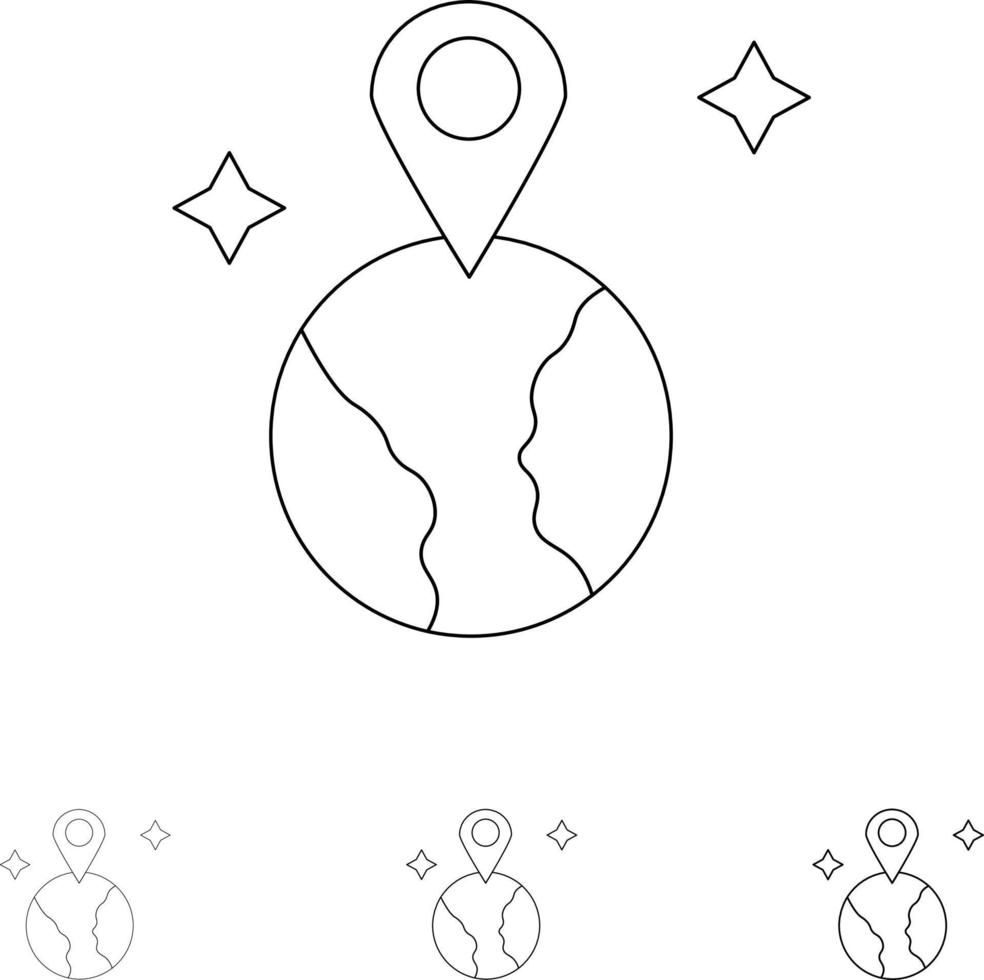 conjunto de iconos de línea negra en negrita y delgada de ubicación de mapa mundial vector