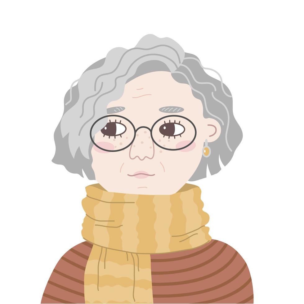 Portrait of a casual European woman with curly grey hairstyle. Vector flat illustration of an old lady in glasses looking sideways. Elderly in striped scarf. Drawn cartoon avatar for social network.