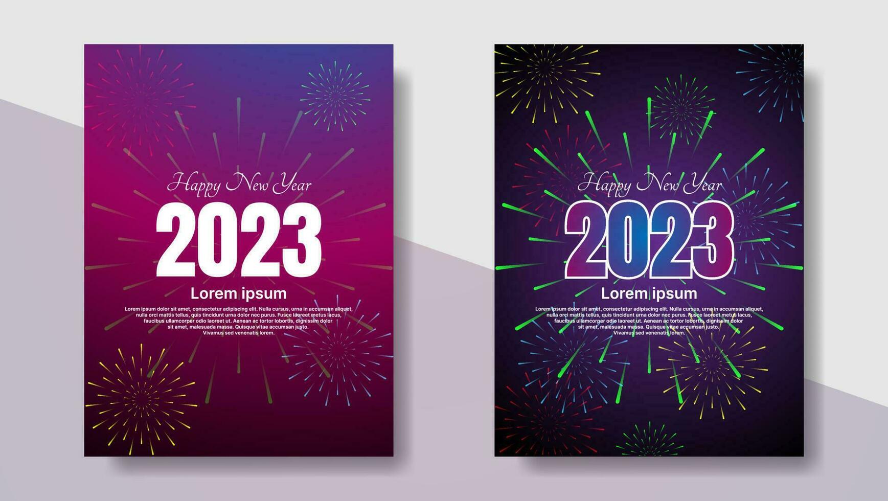 feliz año nuevo 2023 diseño de afiches con fuegos artificiales y fondo degradado. ilustración vectorial vector