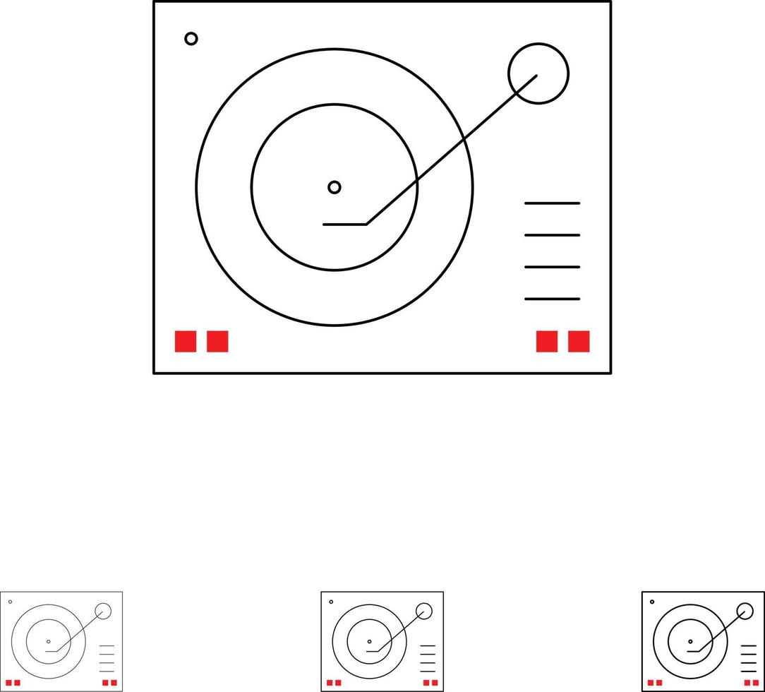 dispositivo de cubierta reproductor de fonógrafo registro conjunto de iconos de línea negra en negrita y delgada vector