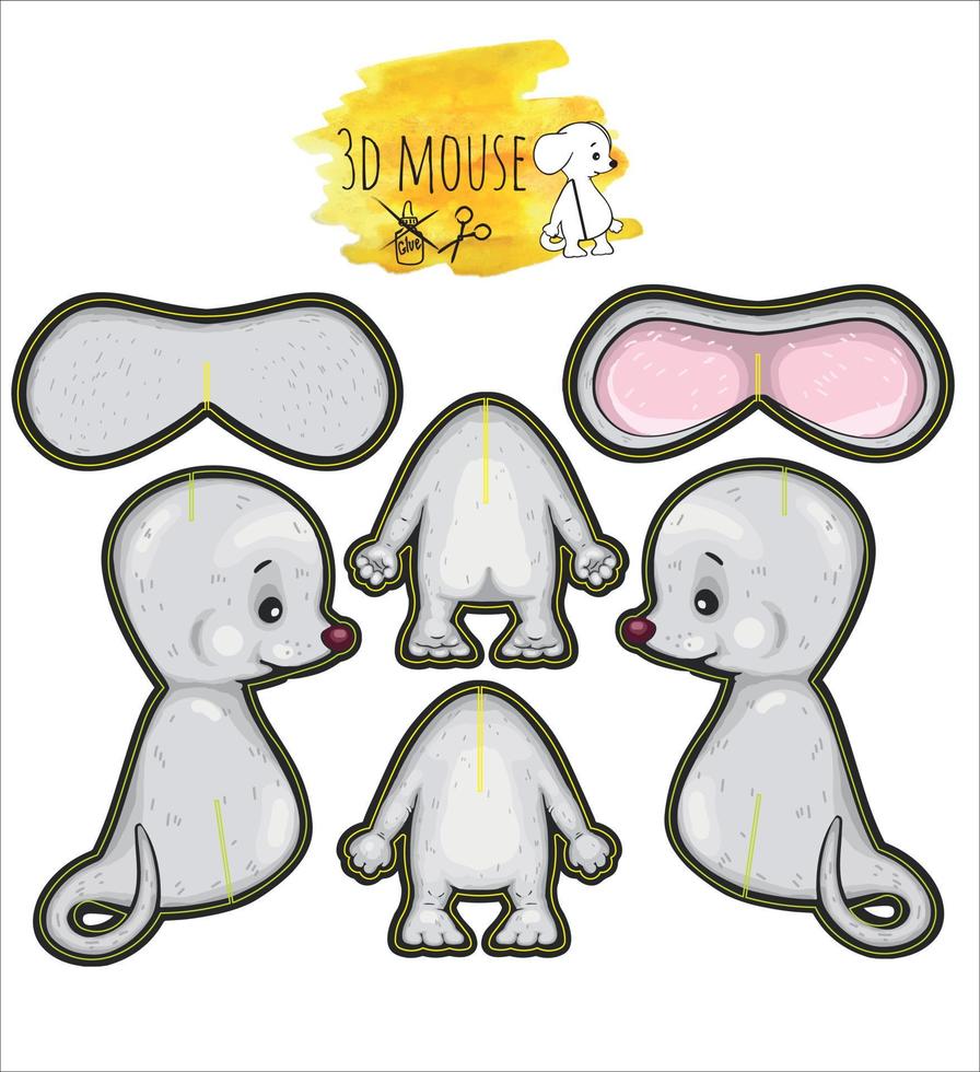 Cardboard animals for kids. Mouse. Sample. Constructor. Pattern. For self-assembly by a child without glue. vector