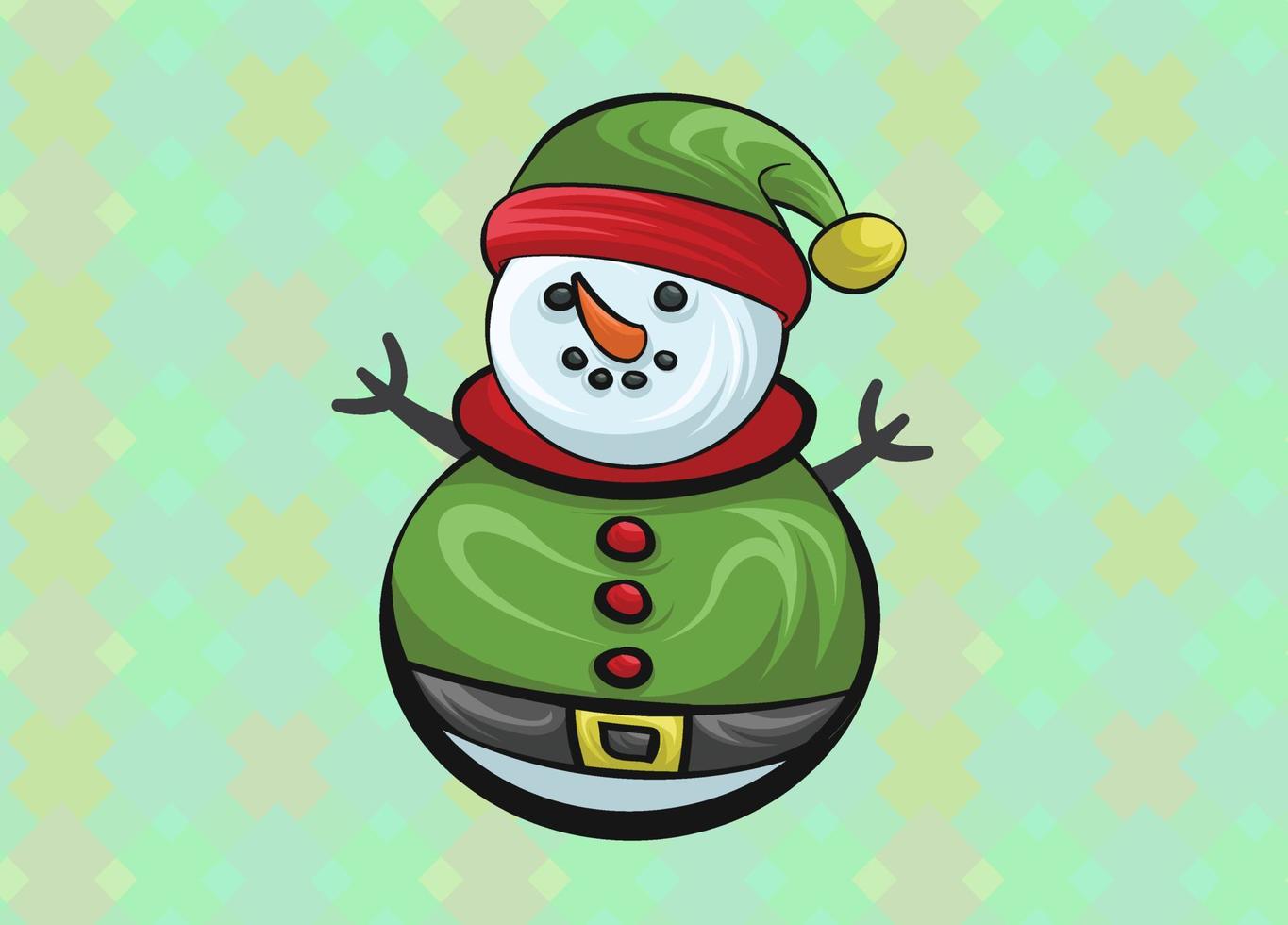 Christmas Cute Little Cheerful Snowman with Red Scarf and Santa Cap. Christmas cute cartoon character. vector