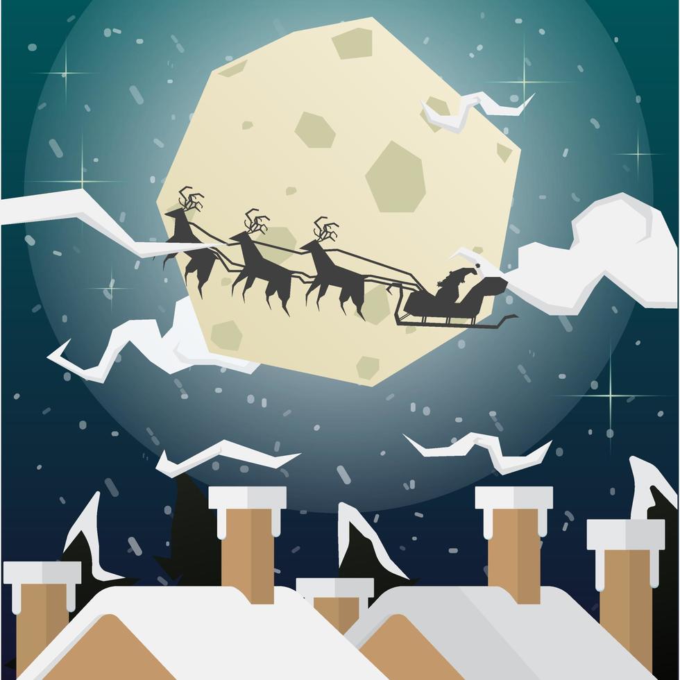 A house in a snowy Christmas landscape at night. Christmas background with the moon and the silhouette of Santa Claus flying on a sleigh. the concept for greeting or postal card vector