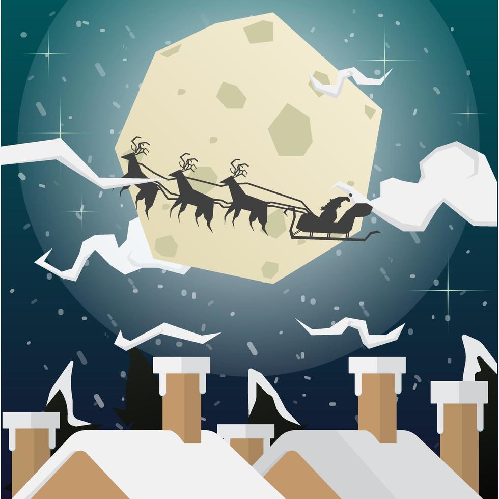 una casa en un paisaje navideño nevado por la noche. fondo de navidad con la luna y la silueta de santa claus volando en un trineo. el concepto de saludo o tarjeta postal vector