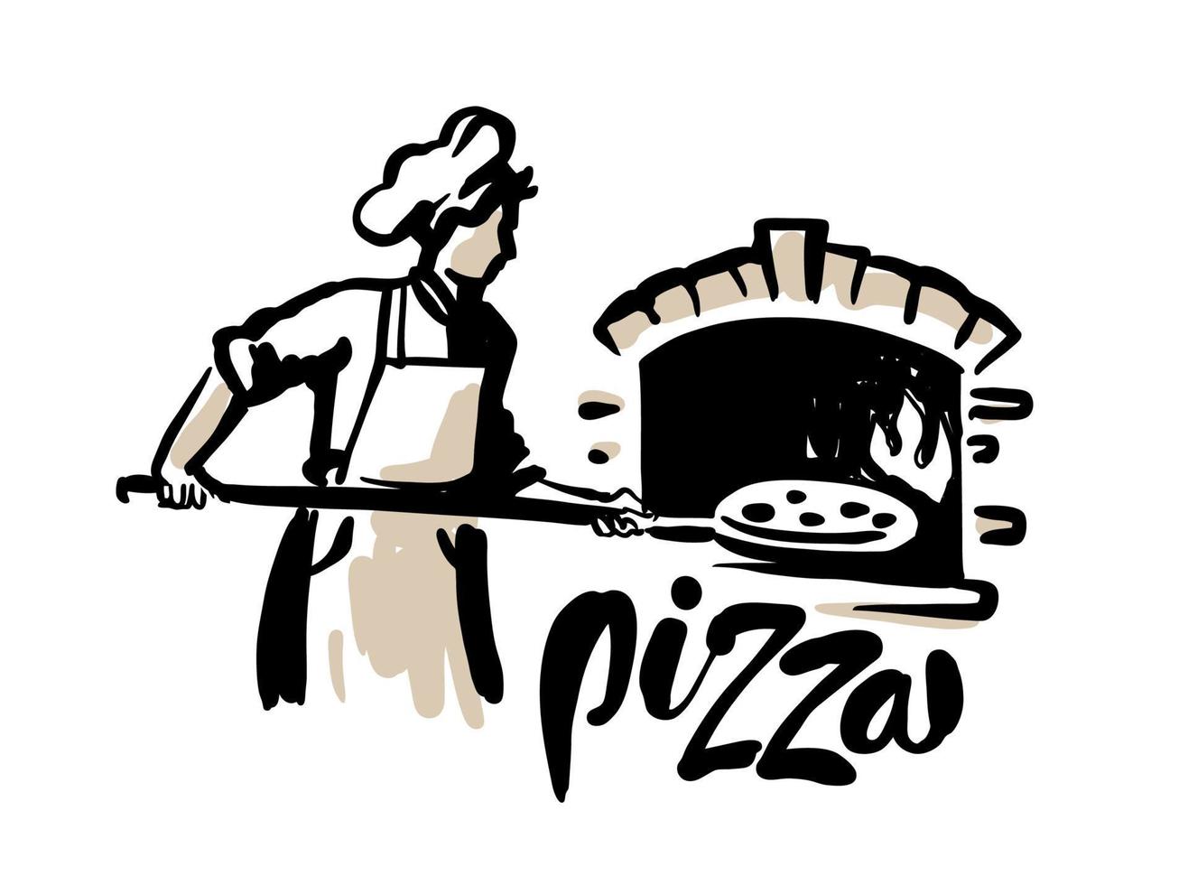 Cook puts pizza into oven. Sketch style. vector