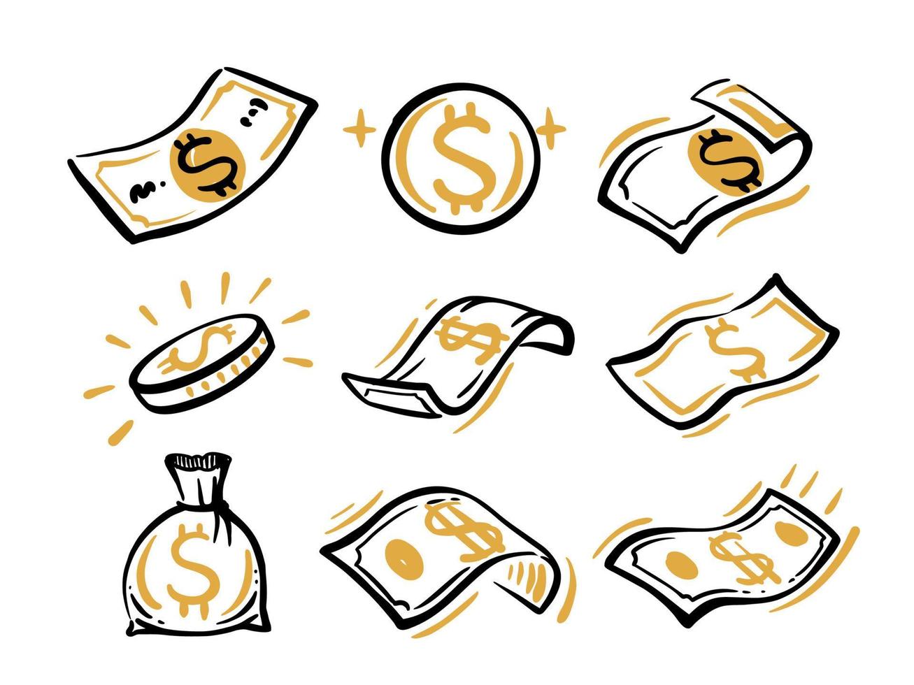 Flying banknotes and coin drawing vector