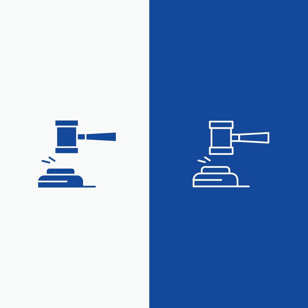 acción subasta tribunal mazo martillo juez ley línea legal y glifo icono sólido línea de bandera azul y gly vector