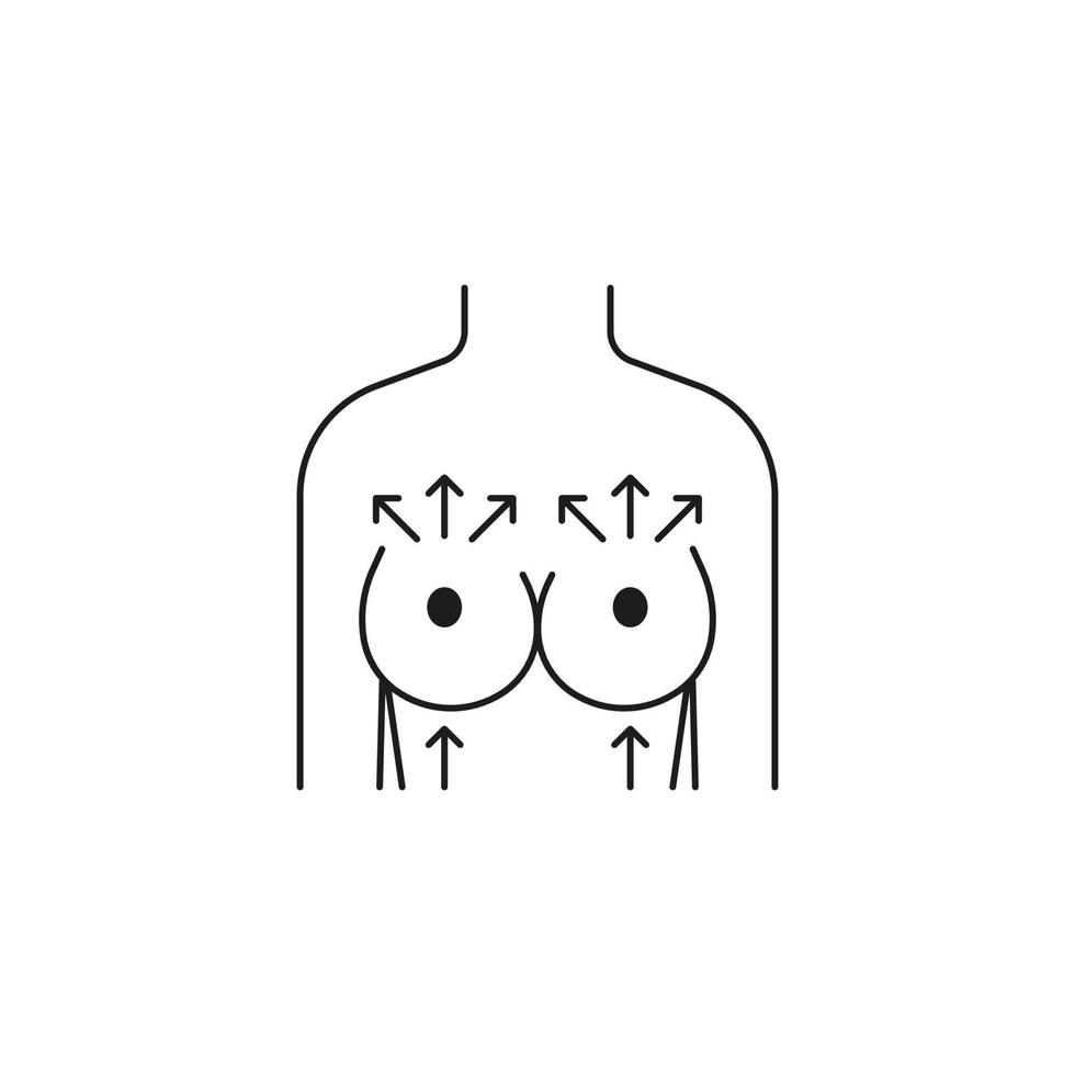 Breast size augmentation of woman, line icon. Full shape and big size. Plastic surgery, lifting of breast front view. Vector illustration