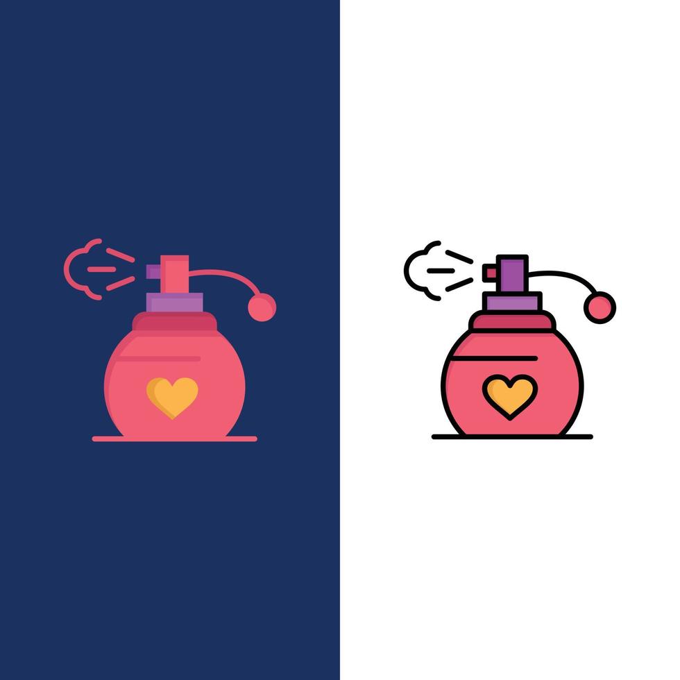 iconos de regalo de amor de perfume plano y conjunto de iconos llenos de línea vector fondo azul