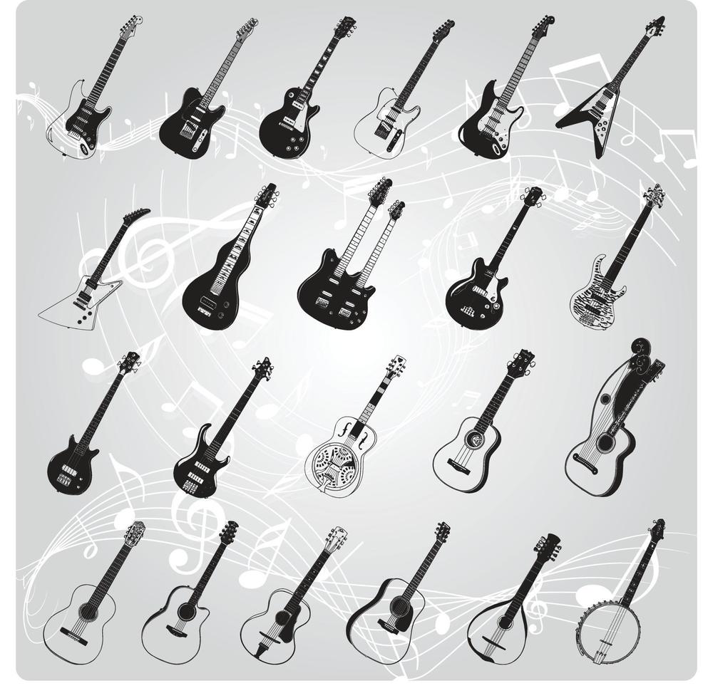 variedad de guitarras eléctricas y bocetos o siluetas de bajos vector