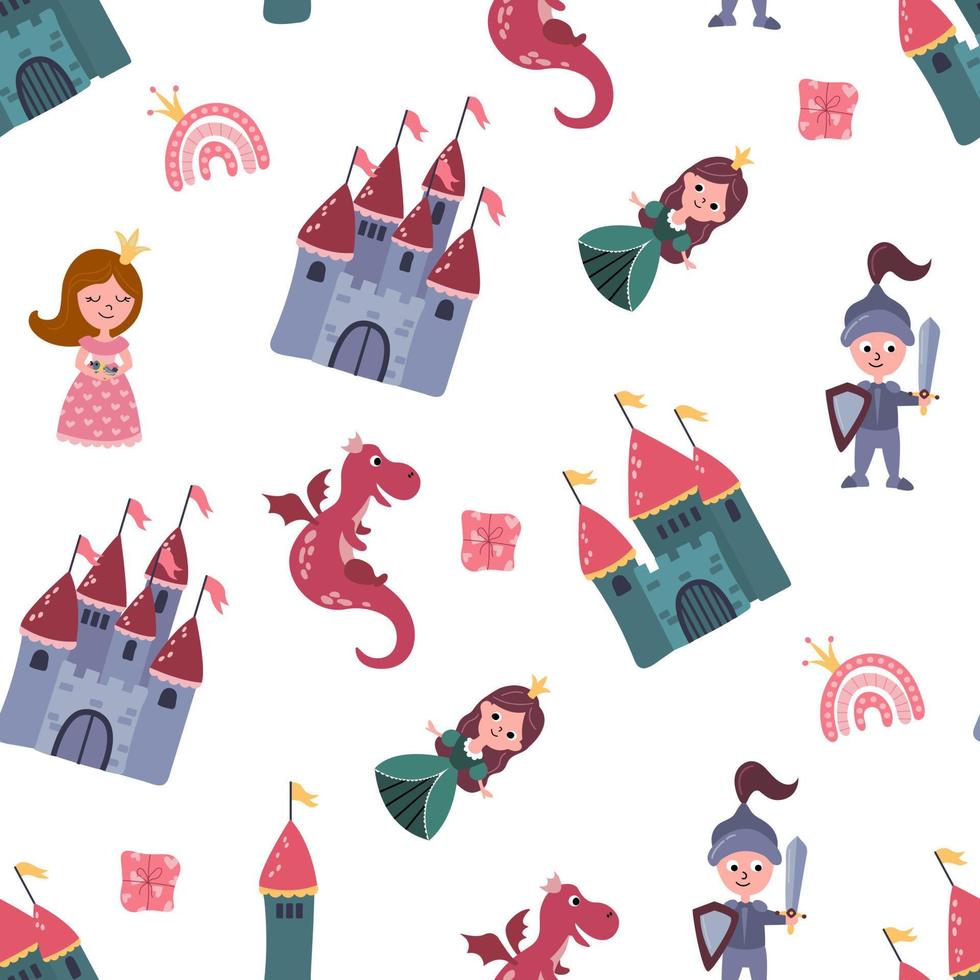 Seamless pattern with princess, prince, castle and dragon. Design for fabric, textile, wallpaper, packaging. vector