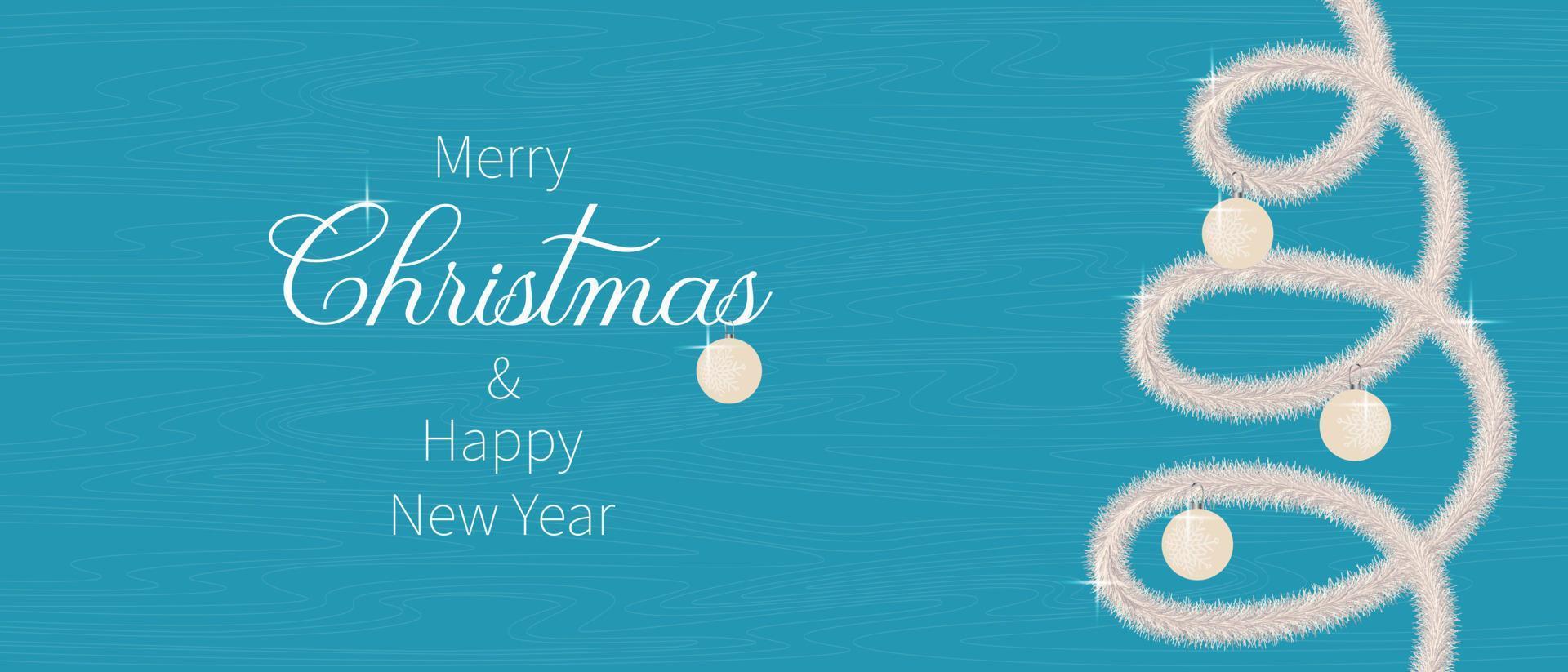 Merry Christmas and Happy New Year 2023 template banner blue texture with tinsel and balls, glitter, sparks, shine. vector