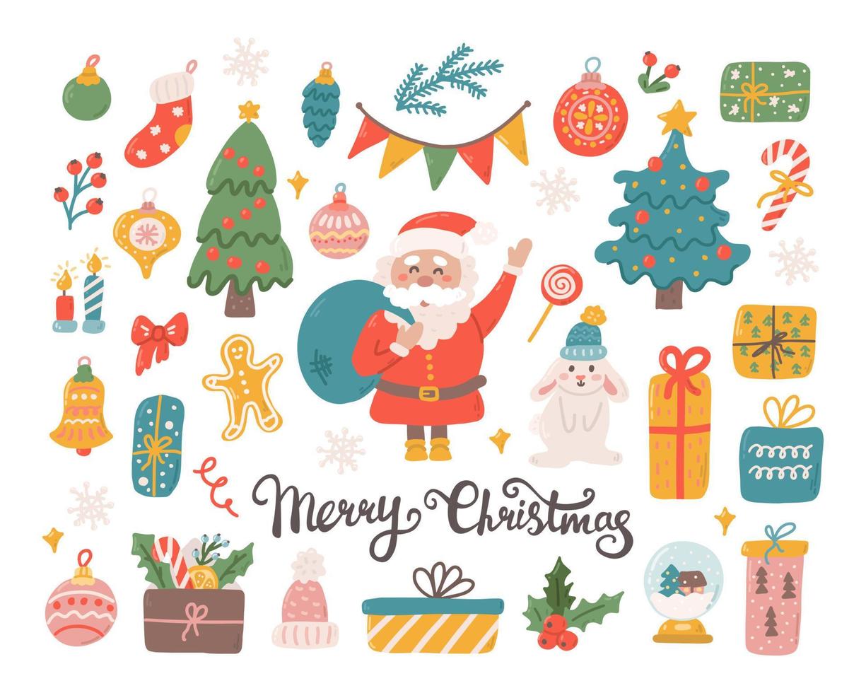 Christmas set of decorative elements and characters for design. Santa Claus, rabbit, Christmas toys and gifts. Vector flat illustration on white background in hand drawn style