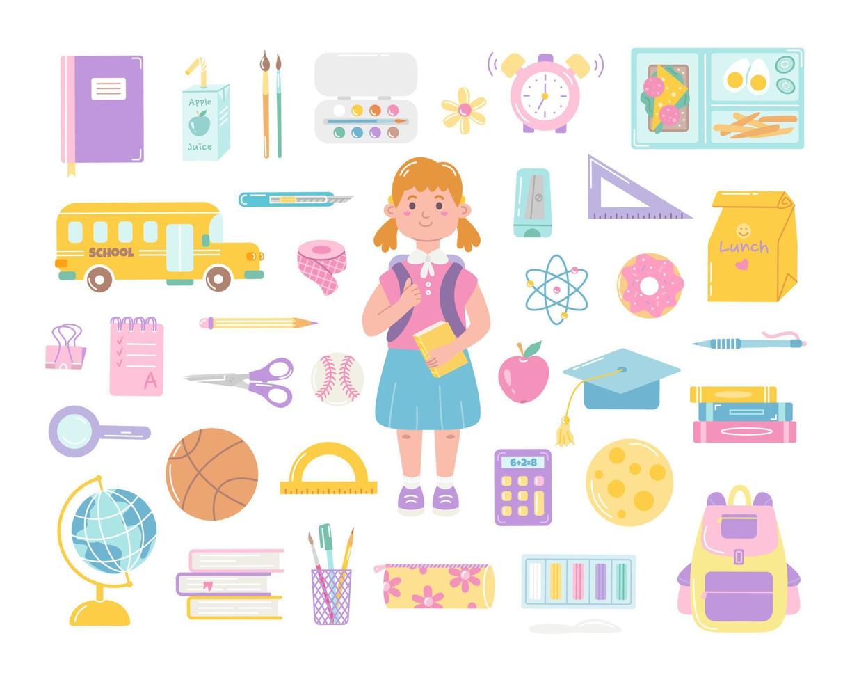 School set of decorative elements for studying with cute girl student. Back to school concept. Vector flat illustration in hand drawn style on white background
