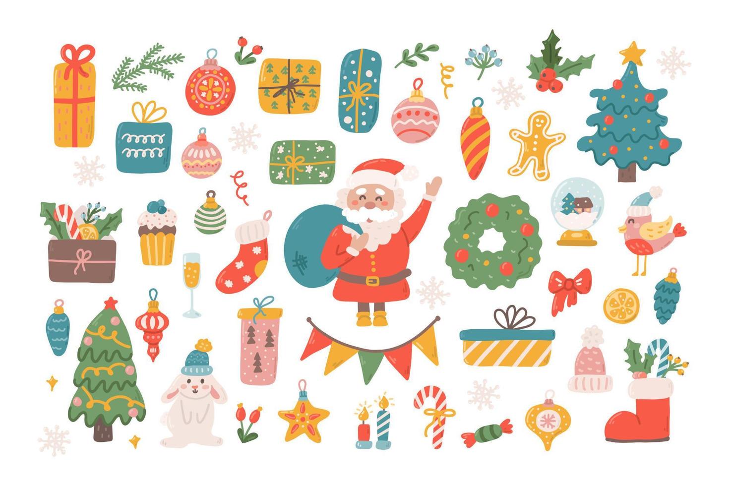 Big Christmas set of decorative elements and characters for design. Santa Claus, Christmas tree toys, gifts, sweets. Vector flat illustration on white background in hand drawn style