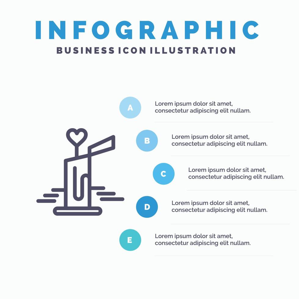 icono de línea de corazón de boda de amor de vela con fondo de infografía de presentación de 5 pasos vector