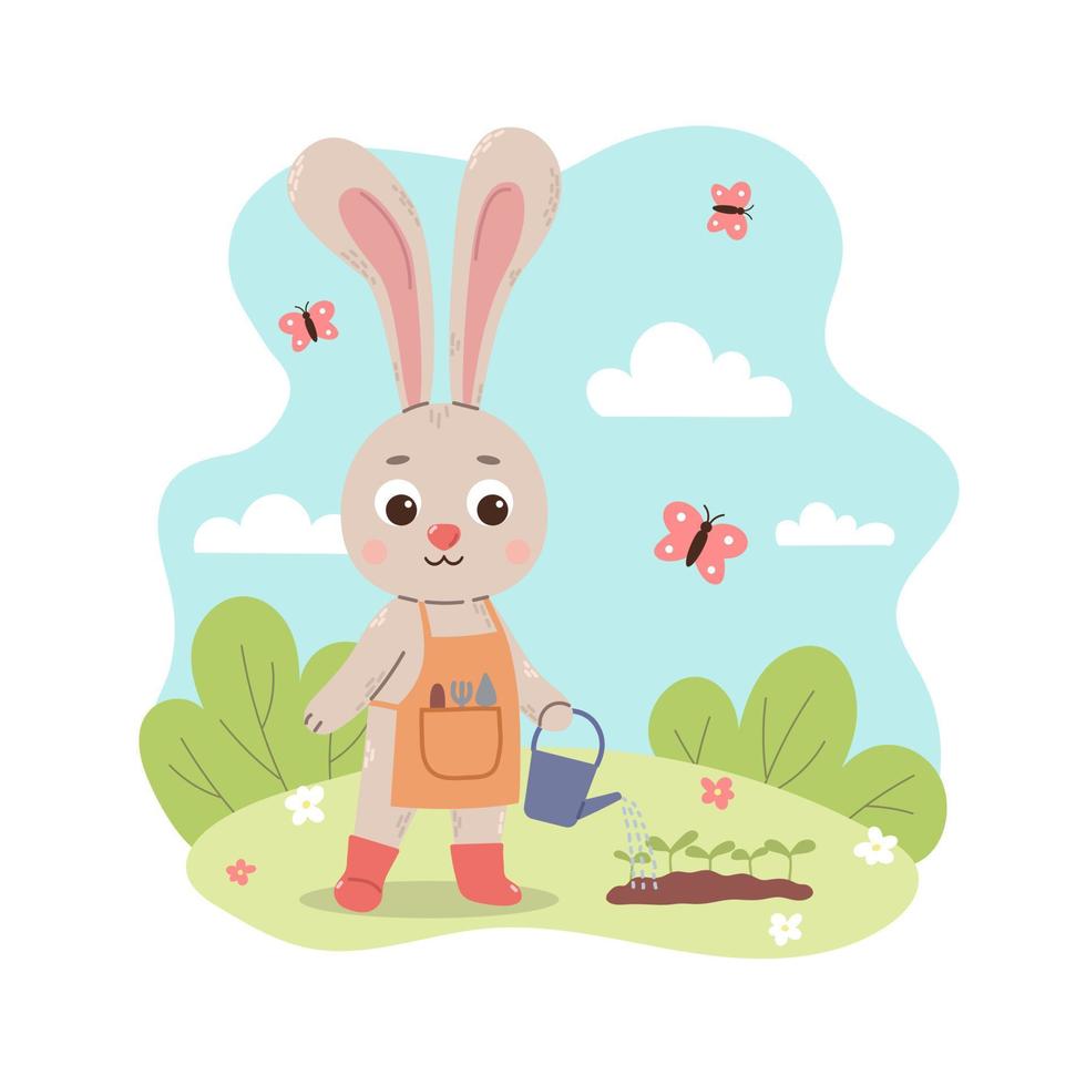 Cartoon rabbit waters a bed with seedlings from a watering can in flat style vector