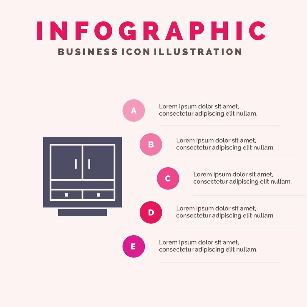 gabinete negocio cajón archivos muebles oficina almacenamiento sólido icono infografía 5 pasos presentación vector