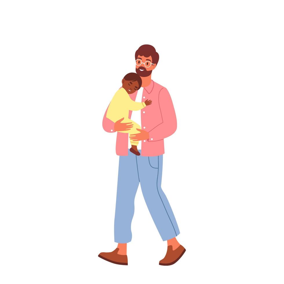 Father and son. Father holds son in his arms. Flat vector illustration.
